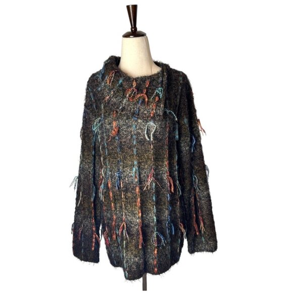 Chico's Sweater Women Large Brown‎ Ribbon Chunky Knit Cowl Neck Fuzzy Cozy - Picture 1 of 8